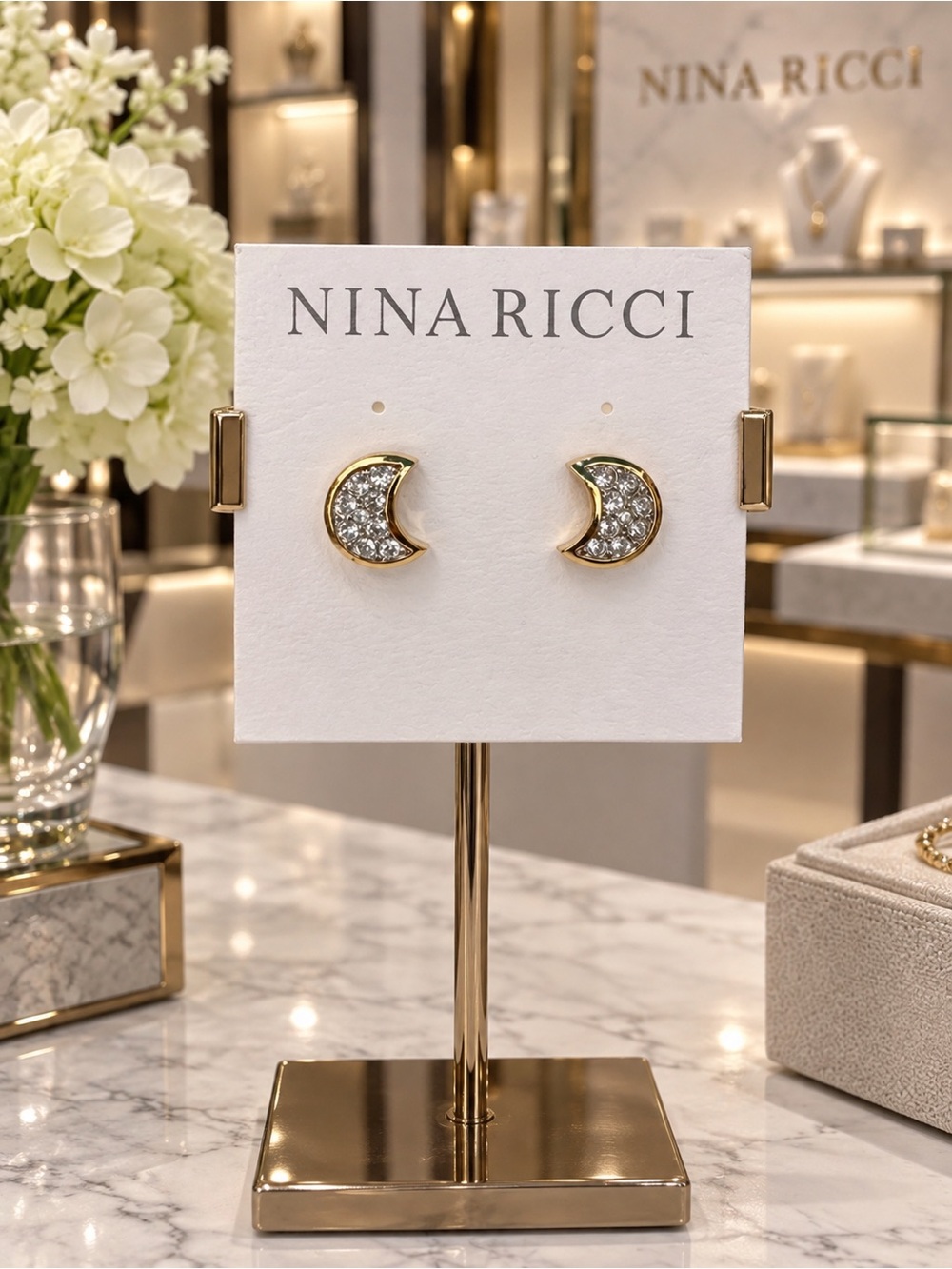 Nina Ricci Gold Crystal Crescent Moon Stud Earrings